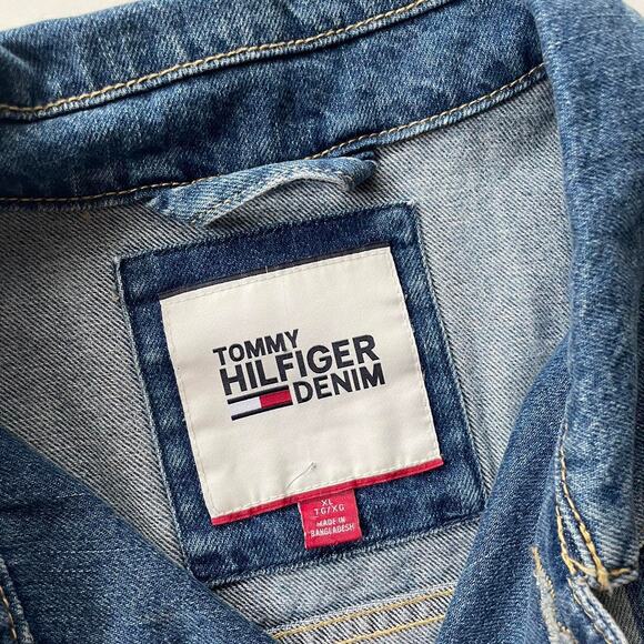 Tommy Hilfiger Denim Blue Stripe Signature Jean Jacket Size XL Cropped Fit - Picture 4 of 4